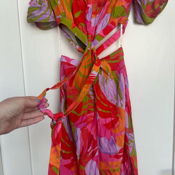 NWT Farm Rio Colorful Leaves Midi Dress Summer Multicolor Cutout Size Small - Picture 12 of 16